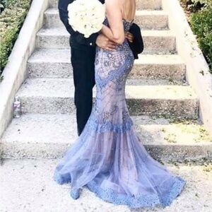 Terani Couture Strapless Gown in Blue and Silver